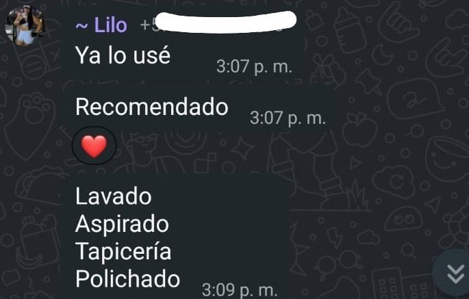 Reseña de cliente Lilo: ya lo usé, recomendado, lavado aspirado tapicería polichado